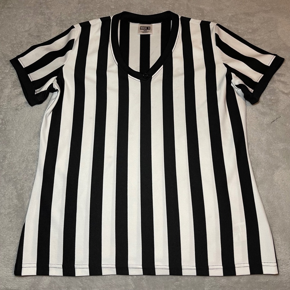 Dicks Sporting Goods Referee Shirt Mens Medium Black White Striped V-Neck Tee